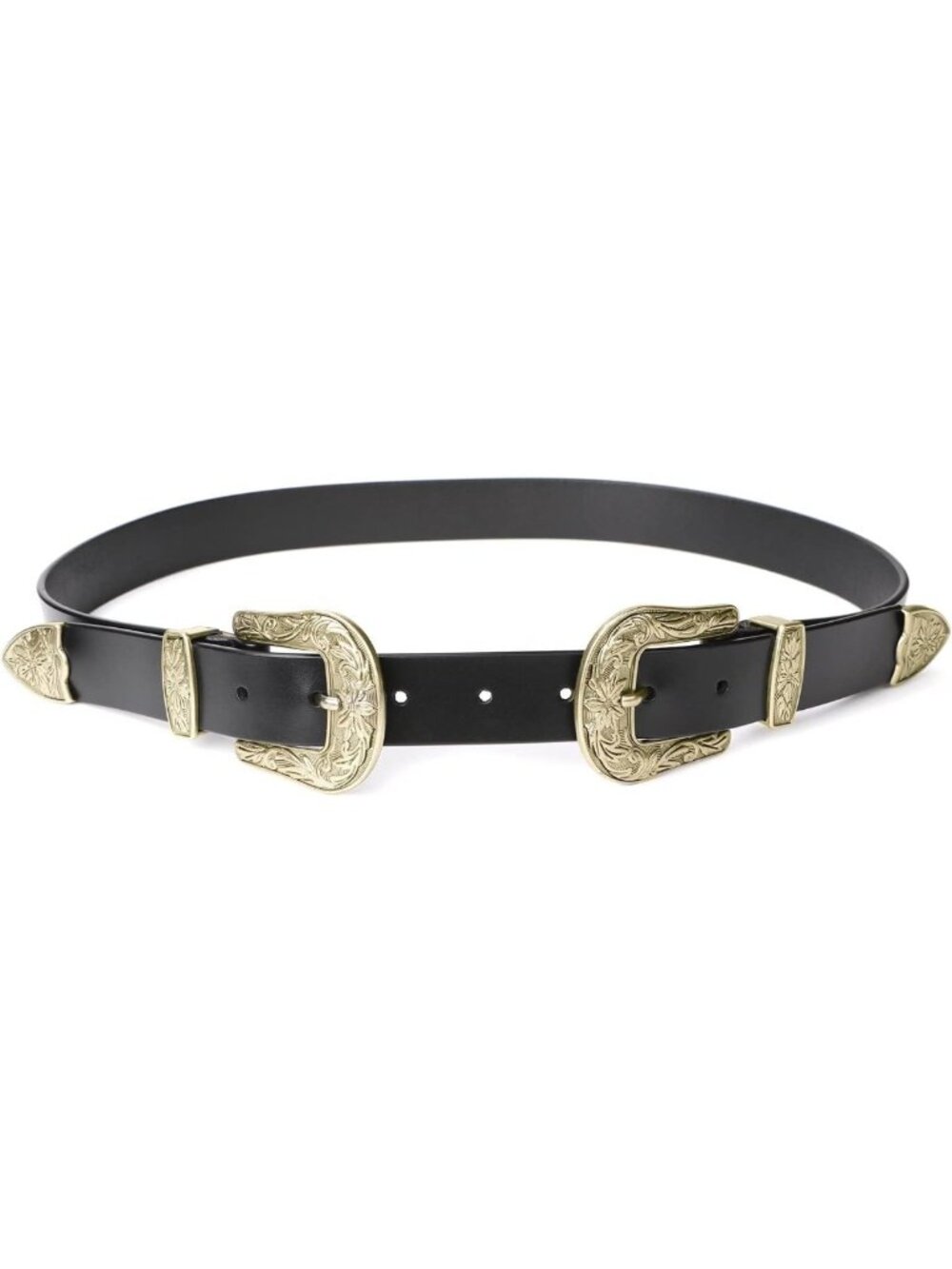 Vintage Double Buckle Western Belt for Women - Black Leather Cowgirl Style for